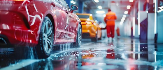 People washing car sponge at car wash station. Concept Car washing, Water conservation, Automotive care, Cleaning techniques, Environment-friendly practices - obrazy, fototapety, plakaty