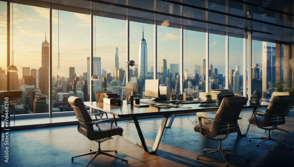 Sticker Modern Office Interior Overlooking City Skyline at Sunset