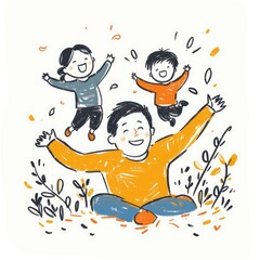 feeling anxious about raising their children,simple line drawing illustration of aasian father lying down and two children jumping on the father's back,Colorful, white background - generative ai