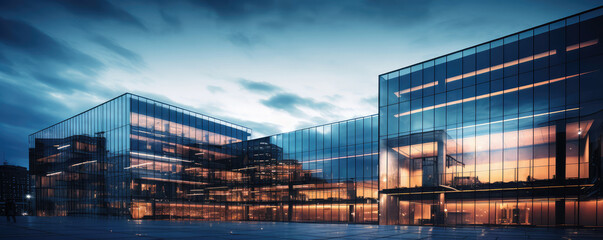 Modern Corporate Office Building Illuminated at Dusk