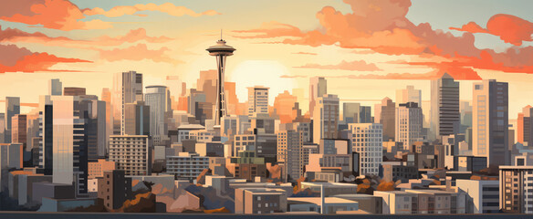 Warm Sunset Over Seattle Cityscape Illustration