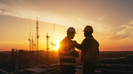Construction Professionals Discussing at Sunset