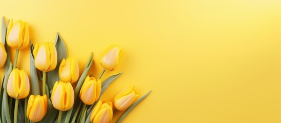 Bright yellow tulip flowers arranged beautifully on a matching yellow background