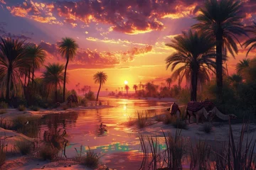 Zelfklevend Fotobehang A tranquil oasis scene at sunset with silhouettes of camels and towering palm trees reflected in water. Resplendent. © Summit Art Creations