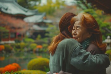 A woman hugging another woman in front of a garden. Generative AI.