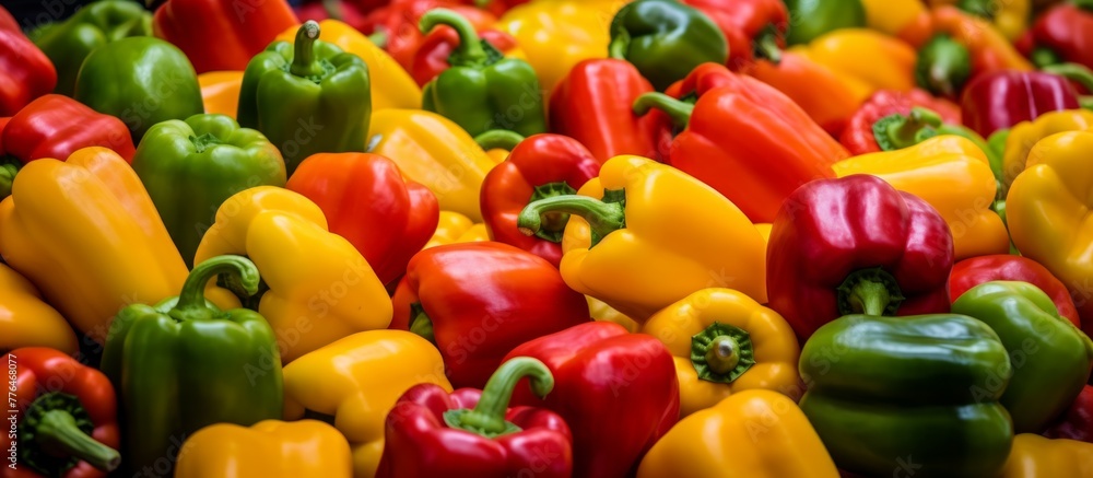 Poster close-up view of a vibrant assortment of peppers piled on top of each other in a colorful display