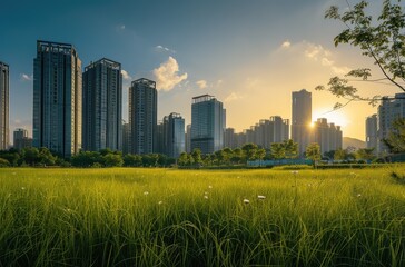 Fototapeta na wymiar Sunset Over Modern Cityscape with Green Park