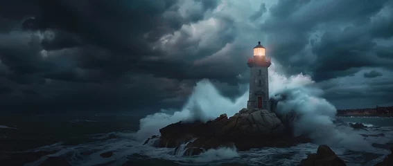 Fotobehang Lighthouse in the Tempest, Lightning's Fury © Kordiush