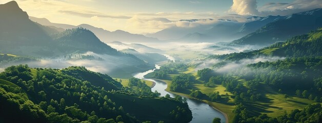 Serene Misty Morning in Lush River Valley - obrazy, fototapety, plakaty