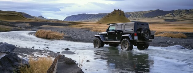 Off-Road SUV Crossing a River in Icelandic Landscape - obrazy, fototapety, plakaty