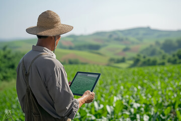 Farmer using tablet to monitor crop growth in a lush field