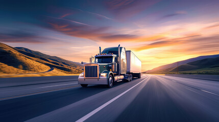 Semi Truck Speeding on Interstate at Sunset - obrazy, fototapety, plakaty
