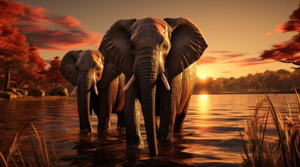 closeup shot of elephants standing near the lake UHD Wallpaper - obrazy, fototapety, plakaty