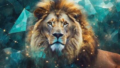Regal male lion with a golden mane on a blue background - obrazy, fototapety, plakaty