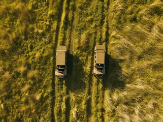 Aerial Shot of Two Trucks on a Countryside Path
