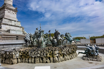 The monument to the Girondins (Monument aux Girondins) with two 21-metre rostral columns (1829), fountain at place des Quinconces. Bordeaux, France. - 776469810