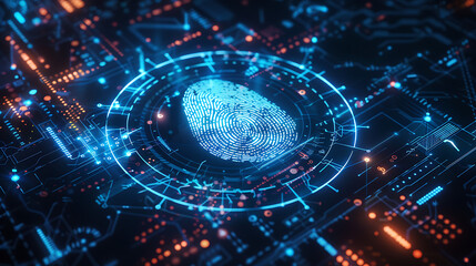 a digital fingerprint icon surrounded by intricate circuit lines and glowing nodes, symbolizing biometric security technology.
