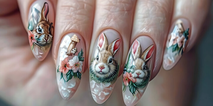 Finger nails with rabbit and floral decoration, ai generated.