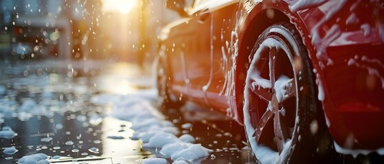 Washing a car manually with white soap foam and highpressure water. Concept Car Detailing, High-Pressure Cleaning, Sparkling Finish - obrazy, fototapety, plakaty