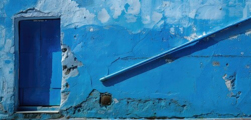 Vibrant Blue Wall with Door and Metal Handrail