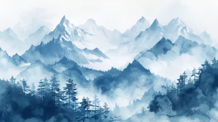 Rolgordijnen Background with mountains. Ink mountain landscape, Chinese ink and water landscape painting, Foggy watercolor mountains, hills and trees isolated elements ,mountains watercolor forest, Generative Ai  © xpert