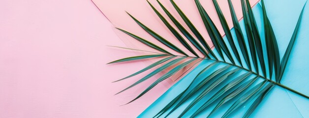 Tropical Palm Leaf on Pastel Pink and Blue Background
