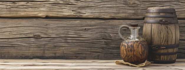 Vintage Maple Syrup Jug and Barrel on Wooden Backdrop