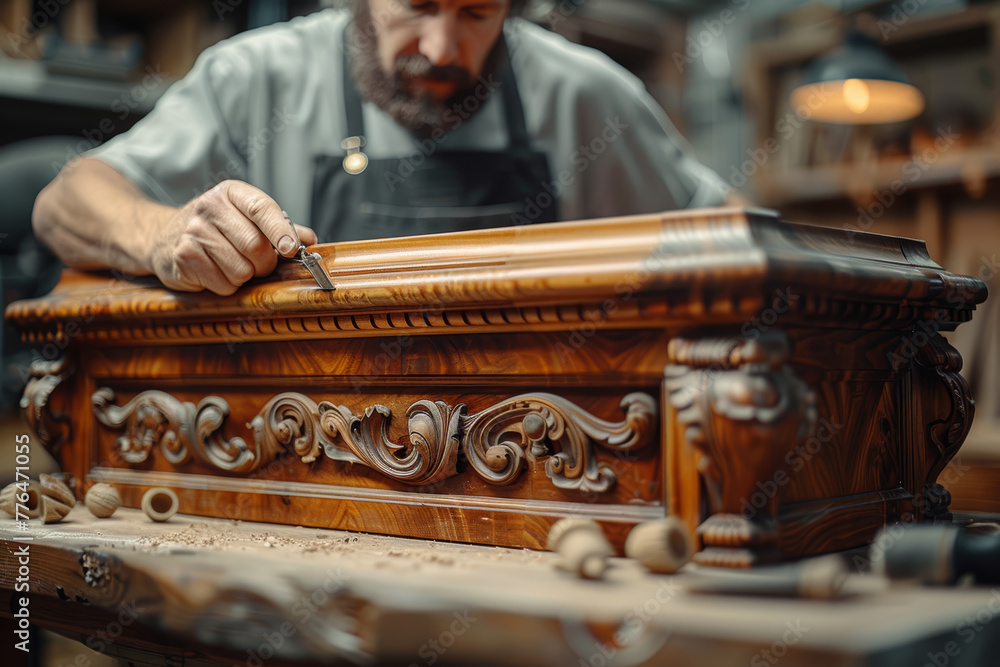 Poster a skilled carpenter constructing fine furniture with craftsmanship that withstands the test of time.