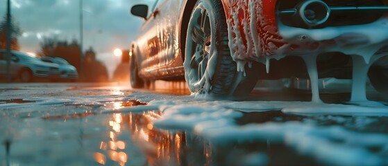 Hand washing a car with white soap foam and high-pressure water. Concept Car Washing, White Soap Foam, High-Pressure Water, Cleaning Techniques, Vehicle Maintenance - obrazy, fototapety, plakaty