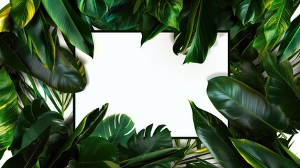 Tropical Green Leaves Border with White Center - obrazy, fototapety, plakaty