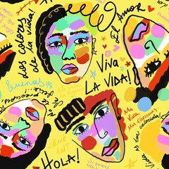Abstract Hand Drawing Woman Girl Faces with Hand Writiring Quotes Slogans Motivation Text Seamless Pop Art Retro Textile Pattern Isolated Background © Didem