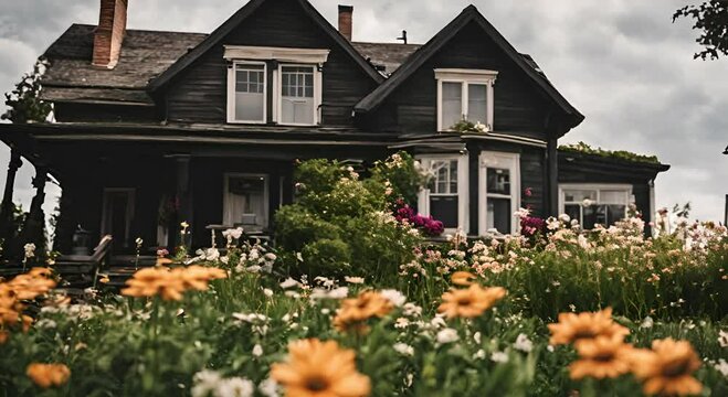 American old house with flower garden