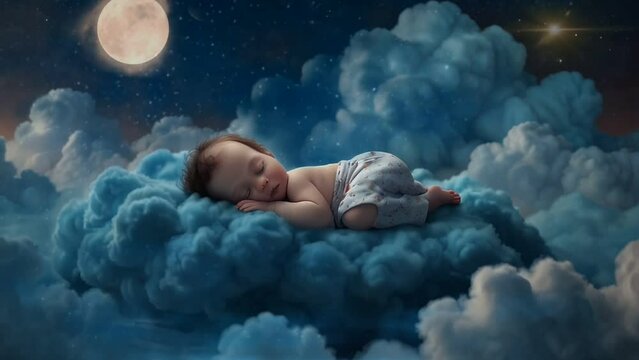 cute baby is sleeping peacefully on a starry cloud, seamless looping animation video background 