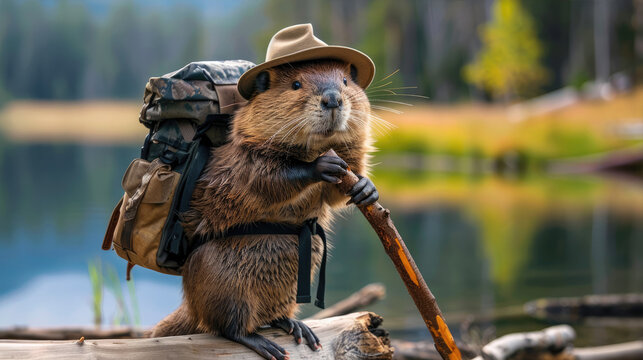 Funny beaver dressed as a traveler-naturalist
