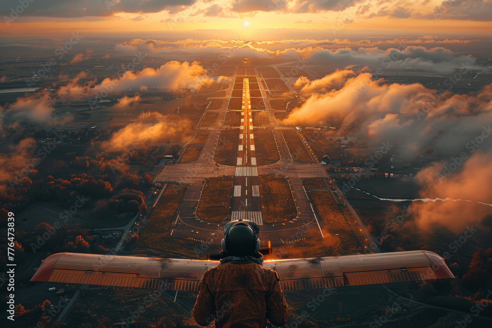 Poster a pilot navigating the aircraft through the clouds towards the distant airport runway. concept of av