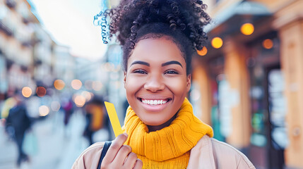 Cheerful African-American Woman Stylishly Holding Credit Card on City Street
