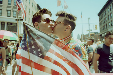 Two men gays lgbt kissing guys with America Flag celebrating 4 July or NYC Pride Parade at New York City streets at summer 