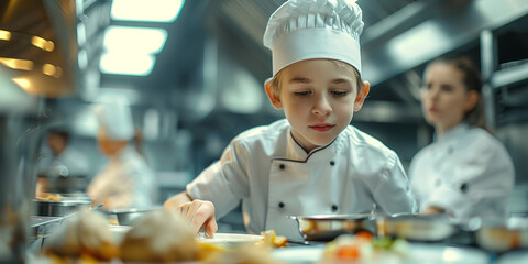 Selective focus of boy in chef uniform cooking food in restaurant kitchen
