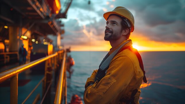 Ingenieur auf einer &Ouml;lplattform im Sonnenuntergang, Facharbeiter in einem harten Job, Konzept Energiegewinnung und Bohrinsel