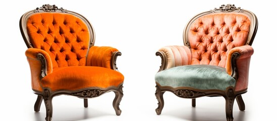 A pair of chairs featuring cushions in vibrant shades of orange and green, perfect for adding a pop...