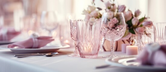 Numerous glassware and dishes are arranged on a table alongside flickering candles, creating an elegant and intimate ambiance