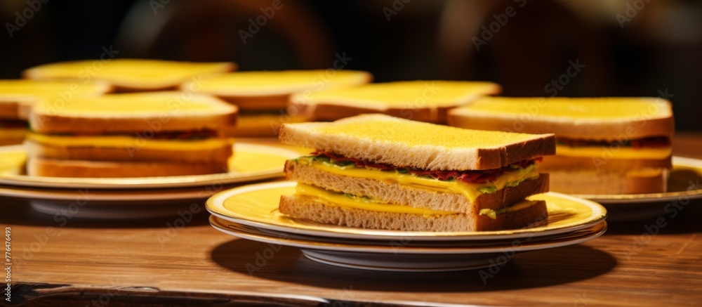 Poster plates on a table are filled with various sandwiches, each with some slices cut in half for a delici