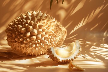 Große Drachenfrucht auf gelbem Hintergrund, Durian aufgeschnitten und lecker, Konzept exotische Frucht - obrazy, fototapety, plakaty