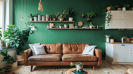 The living room features a deep green wall color, creating a cozy and elegant ambiance.