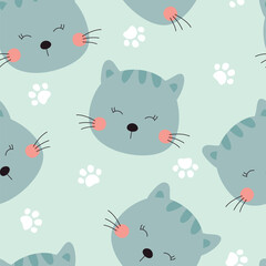 Seamless pattern with cute white cat and paw prints. Vector illustration on blue background. It can be used for wallpapers, wrapping, cards, patterns for clothing and others.
