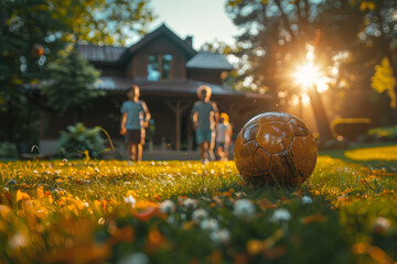 A family bonds over a friendly game of soccer in the backyard, cheering each other on and enjoying...
