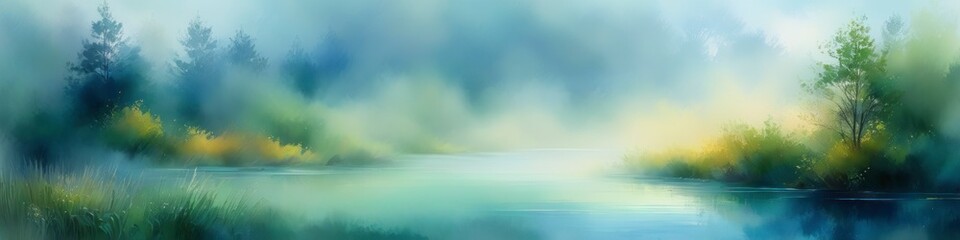 Abstract midsummer watercolor blurred landscape in blue tones. Abstract background for design, placeholder for text.	