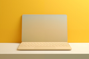 Abstrakter gelber Bildschirm auf gelb und goldenen Grund, Plastischer Minimalismus, Minimalistische Formen des Computer - obrazy, fototapety, plakaty