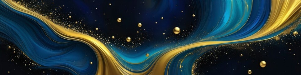 Abstract dark background with turquoise and gold waves and bubbles. Background for banner design, poster, text inserts.	