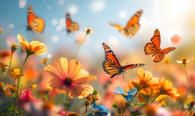 Fototapeta na wymiar Lebendige Szene zarter Schmetterlinge, die zwischen einem Feld blühender Blumen unter einem klaren, sonnigen Himmel tanzen, Konzept Frühling und Frühlingswiese